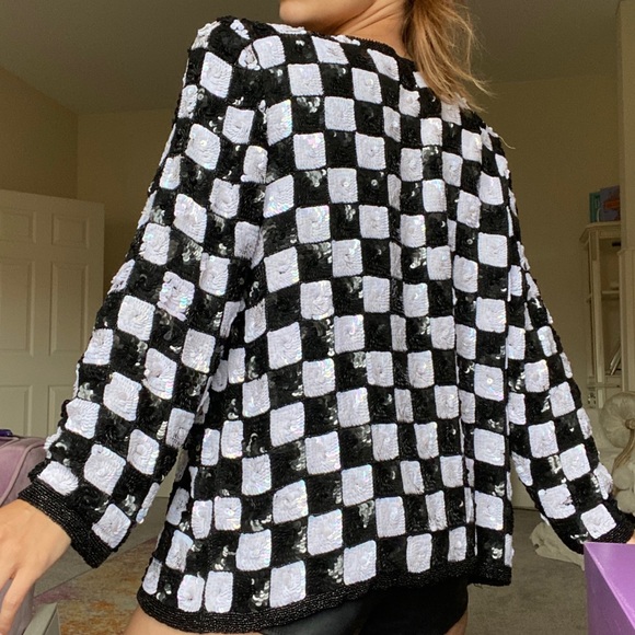 Vtg BW Chess Checkered Sequin Jacket Cardigan - Picture 4 of 11